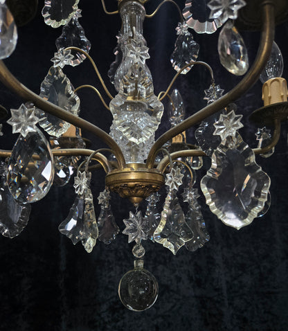 Beautiful Antique French 6 Arm Brass 3 Tier Crystal Chandelier Ceiling Light