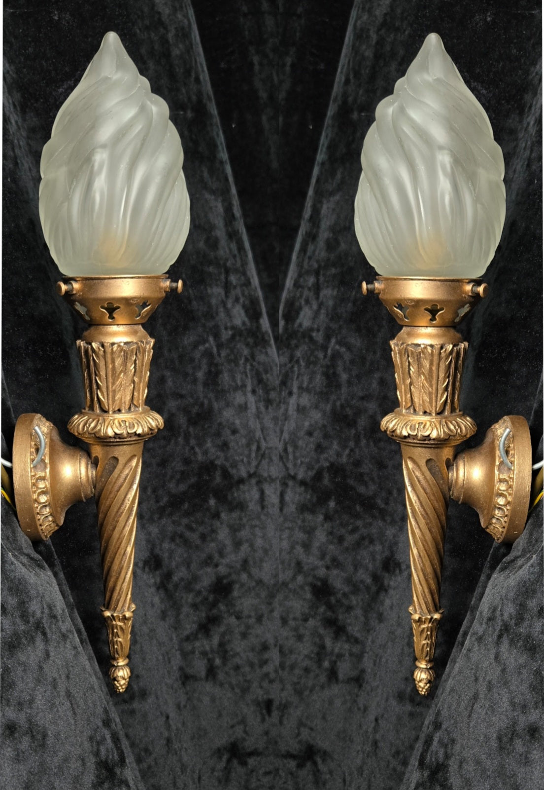 Decorative Pair Vintage Italian Gilded Torchere Wall Lights Sconces Flame Shades