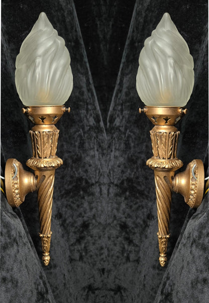 Decorative Pair Vintage Italian Gilded Torchere Wall Lights Sconces Flame Shades