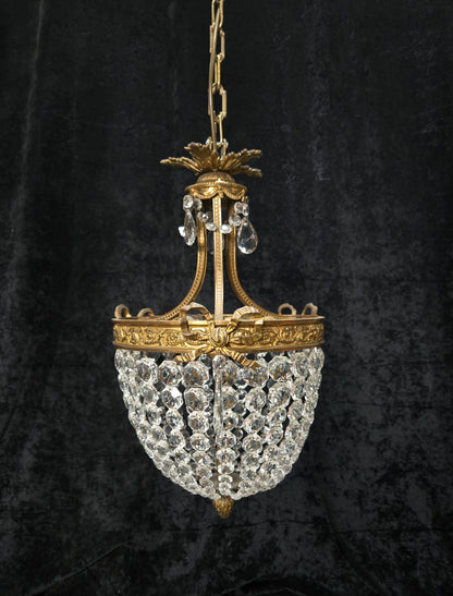 Traditional Antique French 3 Light Brass Bronze Crystal Empire Chandelier