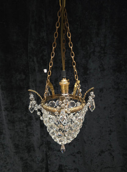 Beautiful Antique French Crystal Bag Brass Leaf Chandelier Ceiling Light
