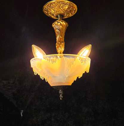Unique Vintage 3 Light Brass EZAN Vaseline Glass Flush Ceiling Pendant Lantern