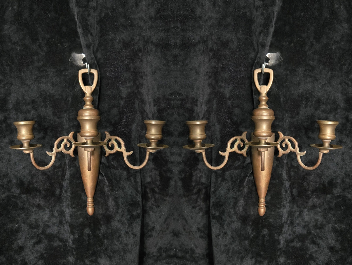 Traditional Pair of Antique 3 Arm Brass Flemish Candle Wall Lights Sconces