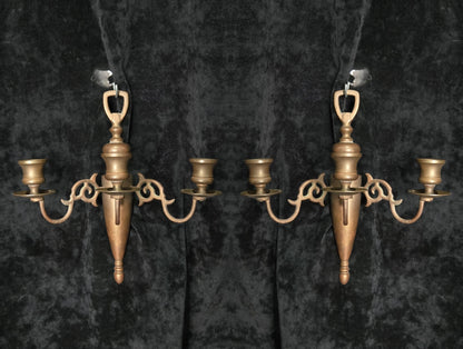 Traditional Pair of Antique 3 Arm Brass Flemish Candle Wall Lights Sconces