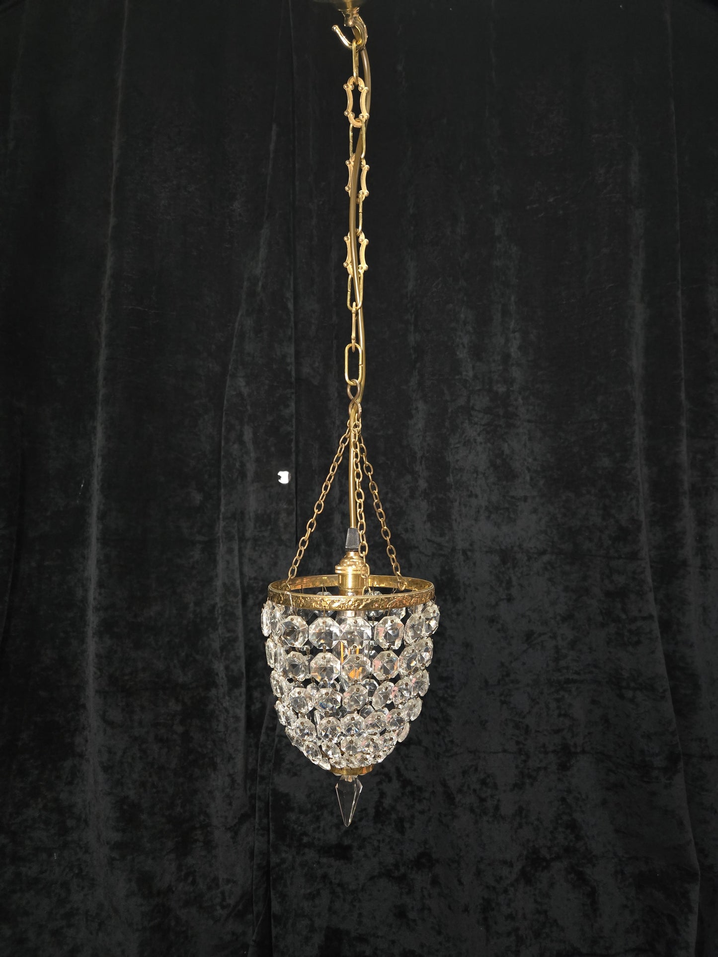 Petite Antique French Crystal Half Bag Brass 1 Light Chandelier Ceiling Light