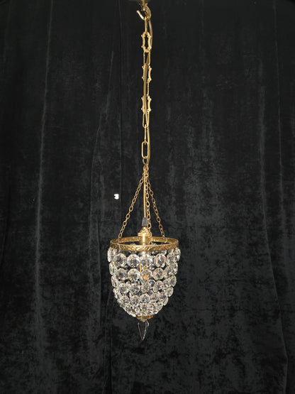 Petite Antique French Crystal Half Bag Brass 1 Light Chandelier Ceiling Light