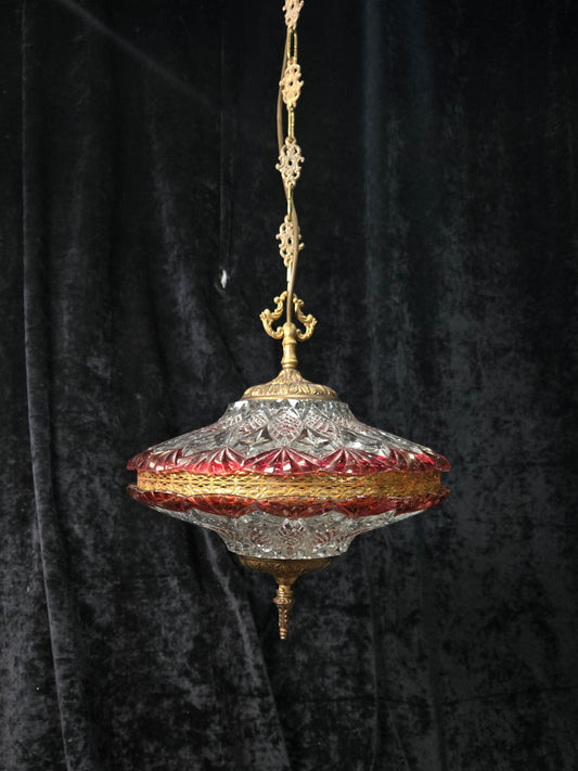 Decorative Vintage Italian 2 Light Cut Crystal Glass Heavy Brass Lantern Pendant