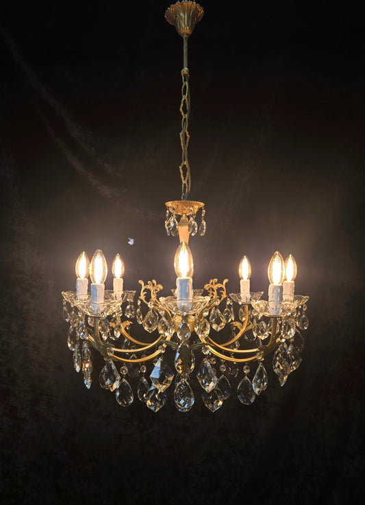 Beautiful Vintage French 8 Arm Crystal and Brass Leaf Chandelier Ceiling Light