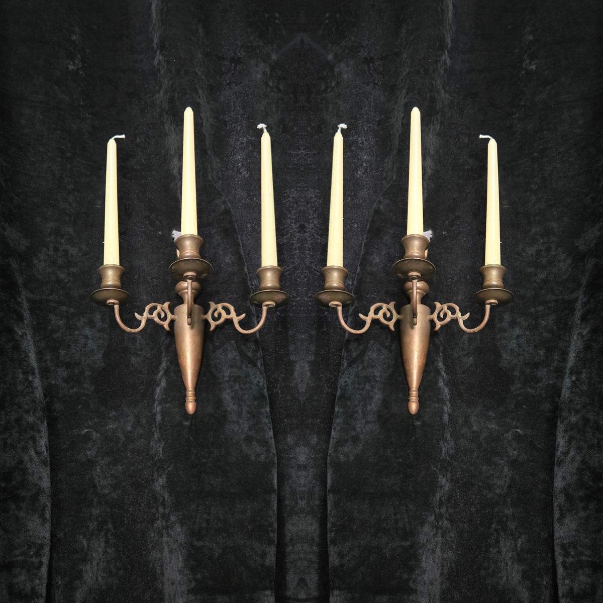 Traditional Pair of Antique 3 Arm Brass Flemish Candle Wall Lights Sconces