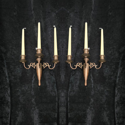 Traditional Pair of Antique 3 Arm Brass Flemish Candle Wall Lights Sconces