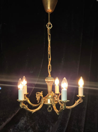 Traditional Vintage French 5 Arm Heavy Brass Flower Bud Chandelier ceiling Light