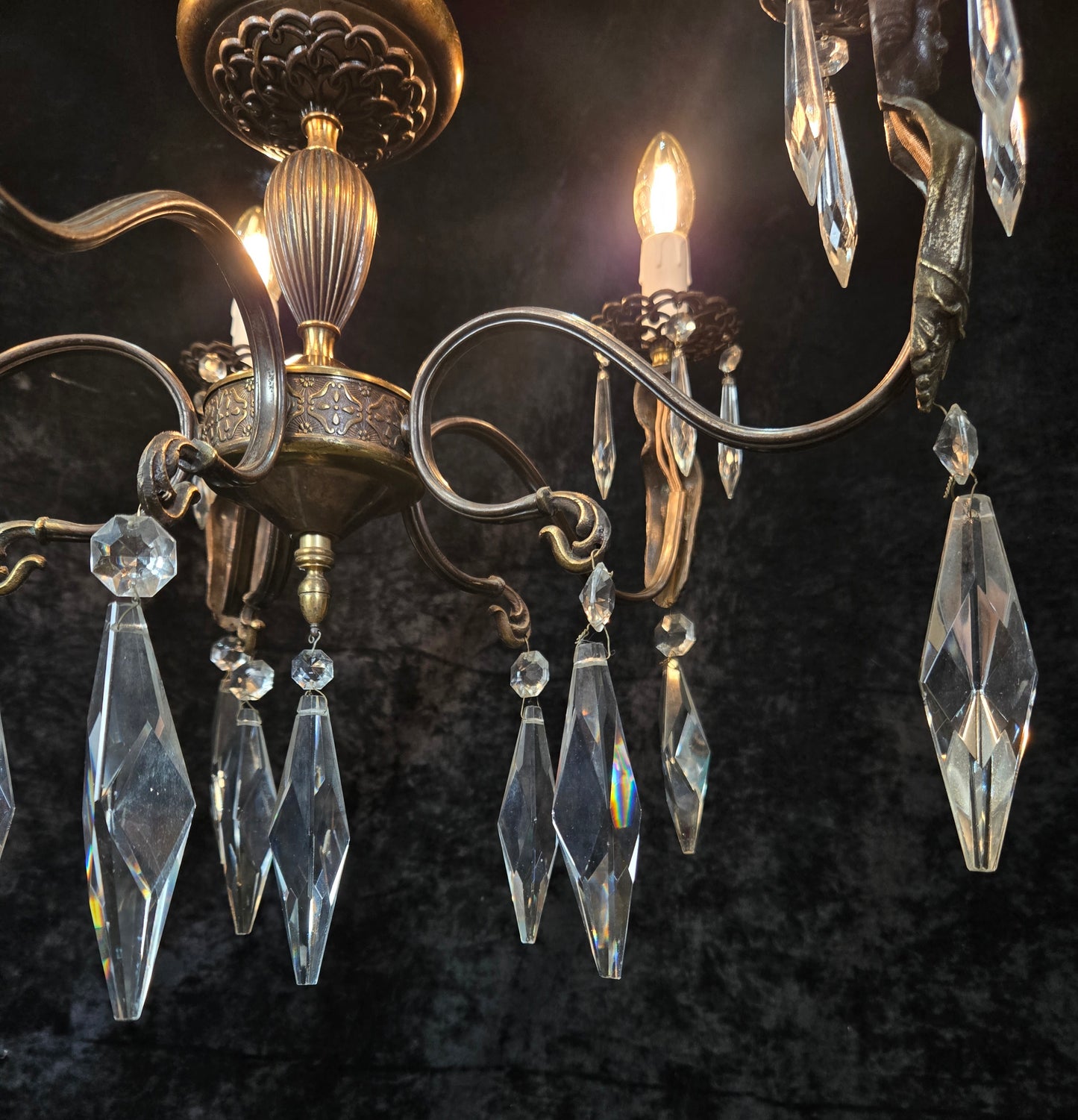 Classical Vintage Italian 5 Arm Crystal Brass Lady Figures Chandelier Light