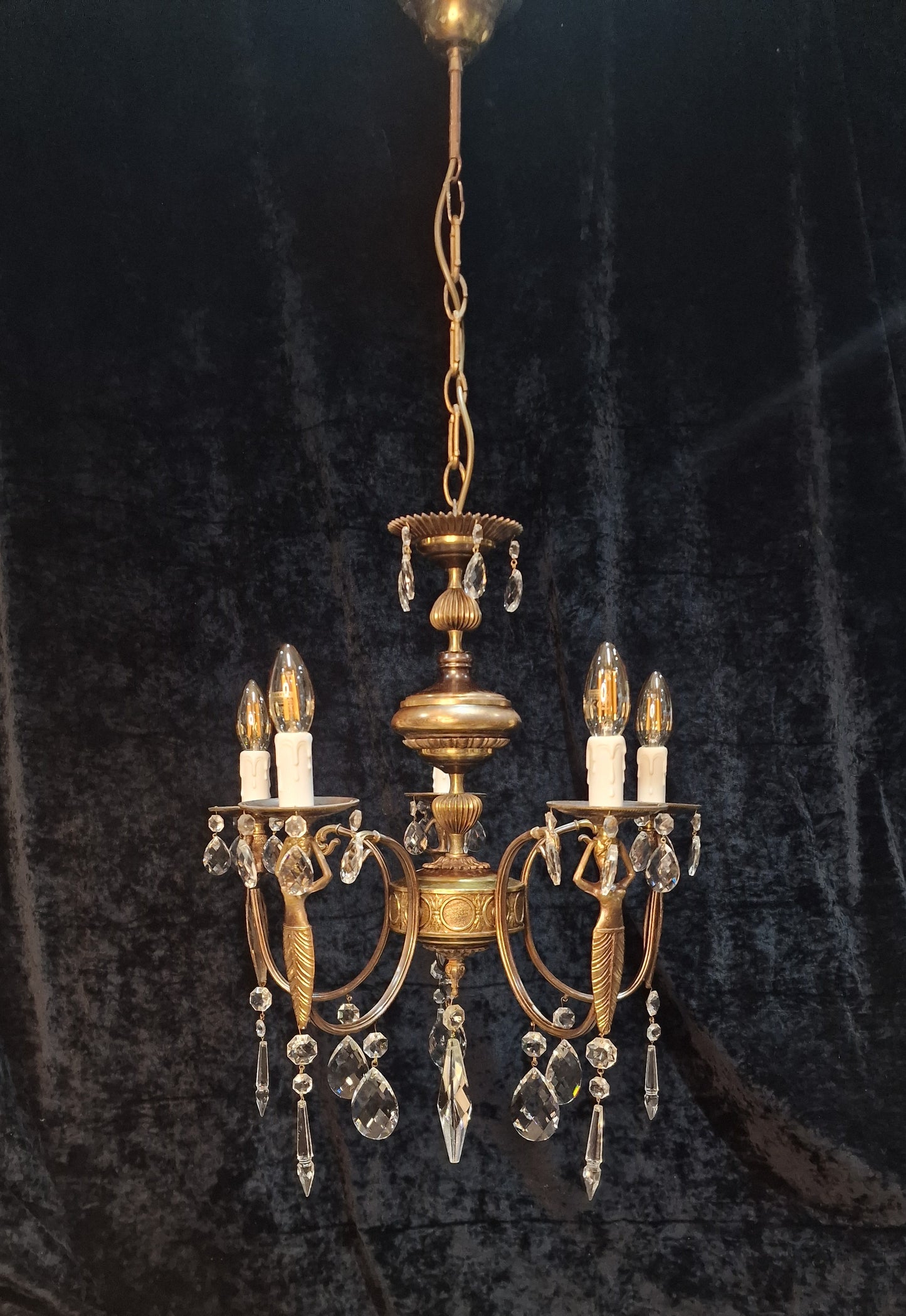 Unique Elegant Vintage Italian 5 Arm Brass and Crystal Mermaid Chandelier Light