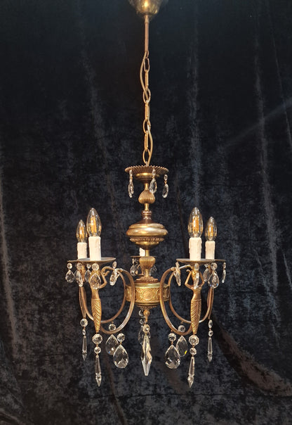 Unique Elegant Vintage Italian 5 Arm Brass and Crystal Mermaid Chandelier Light