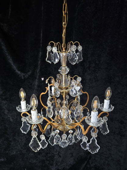 Gorgeous Antique French 6 Arm 7 Light Brass Bronze Cage Crystal Chandelier Light