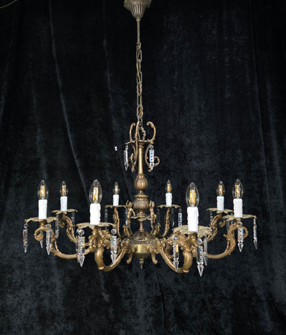 Fabulous Vintage Italian 8 Arm Large Brass Crystal Cherub Chandelier Light