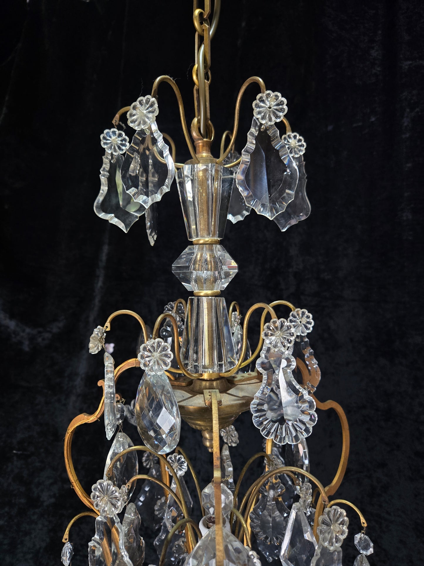Gorgeous Antique French 6 Arm 7 Light Brass Bronze Cage Crystal Chandelier Light