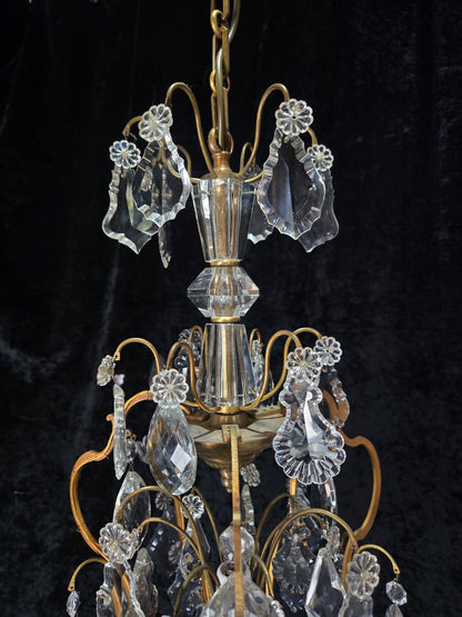 Gorgeous Antique French 6 Arm 7 Light Brass Bronze Cage Crystal Chandelier Light