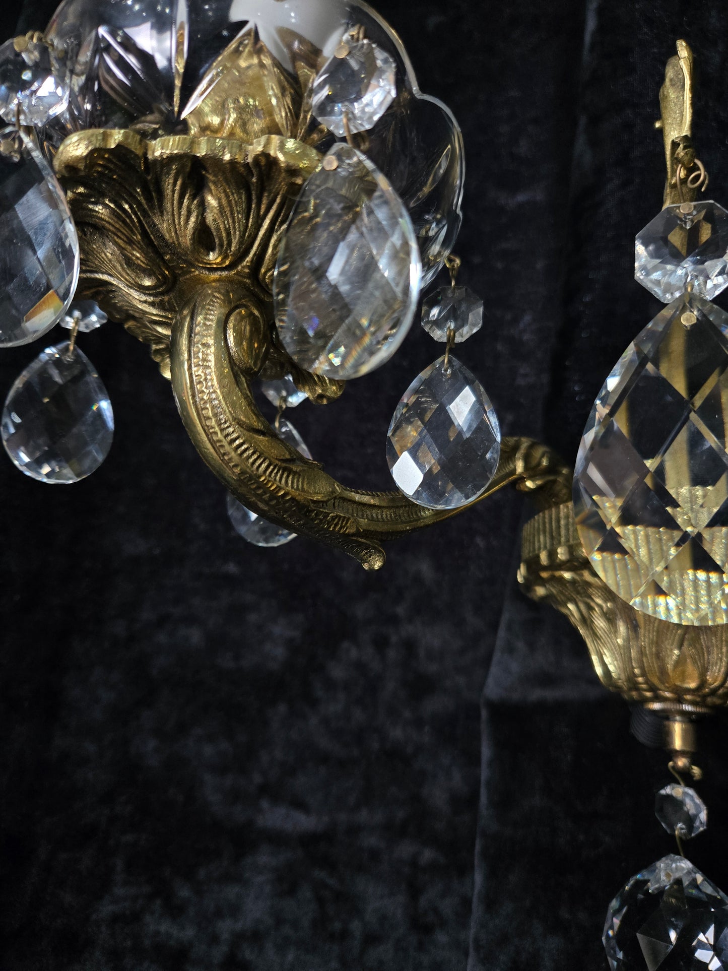 Fabulous Pair of Heavy Brass Vintage French 2 Arm Crystal Wall Lights Sconces