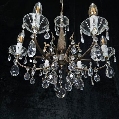 Beautiful Vintage Italian 6 Arm Brass Glass Crystal Chandelier Ceiling Light