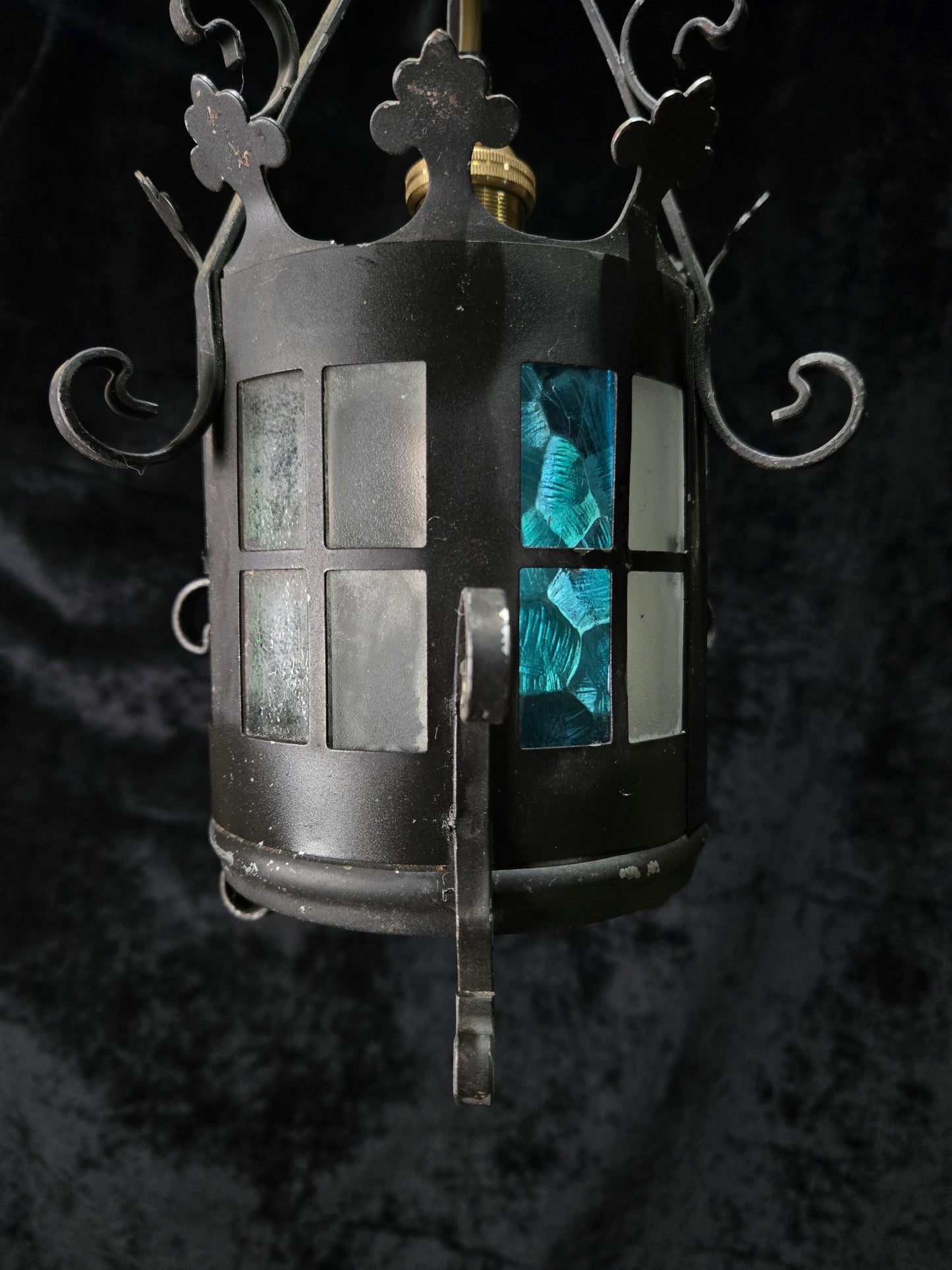 Lovely Petite Vintage French Wrought Iron Gothic Coloured Glass Lantern Light