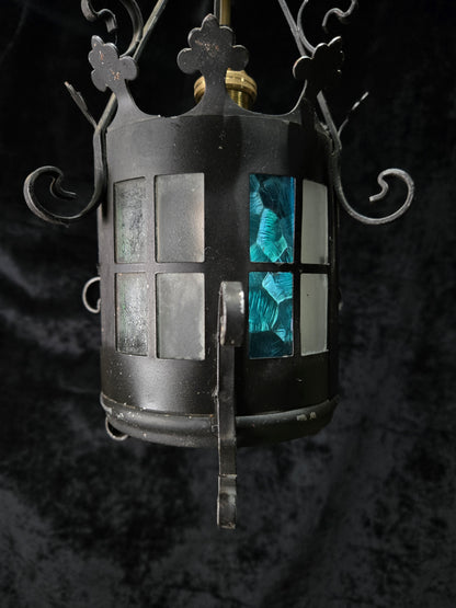 Lovely Petite Vintage French Wrought Iron Gothic Coloured Glass Lantern Light