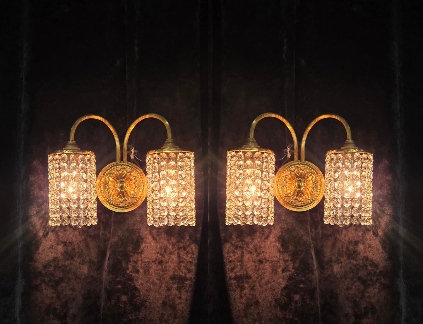 Beautiful Pair of Vintage French 2 Arm Brass Wall Lights with Crystal Shades