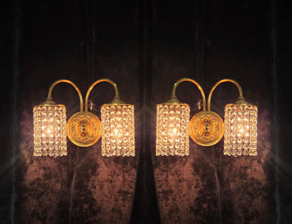 Beautiful Pair of Vintage French 2 Arm Brass Wall Lights with Crystal Shades