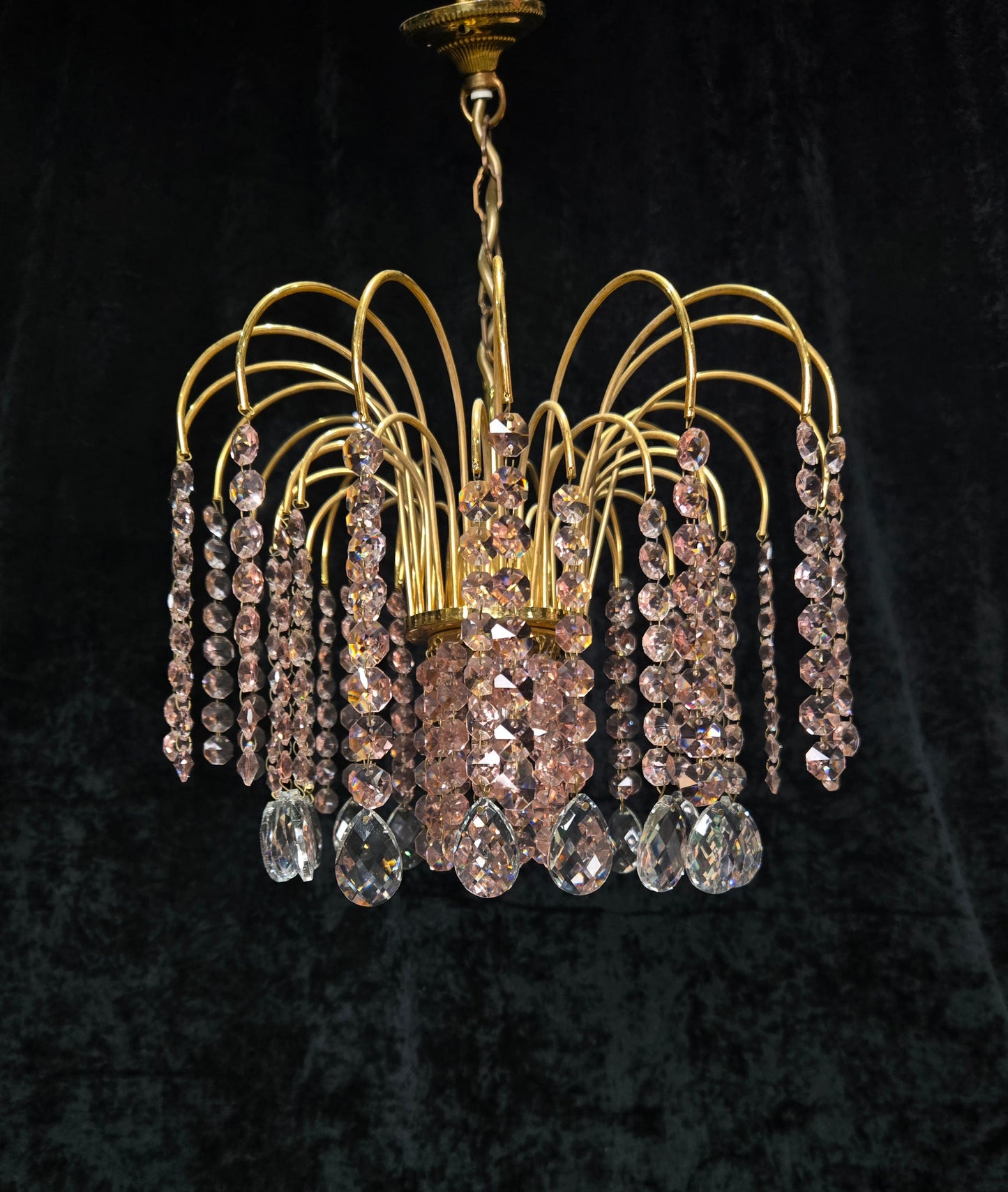 Very Pretty Vintage Italian 1 Light Cascading Pink and Clear Crystal Chandelier (3 for sale)
