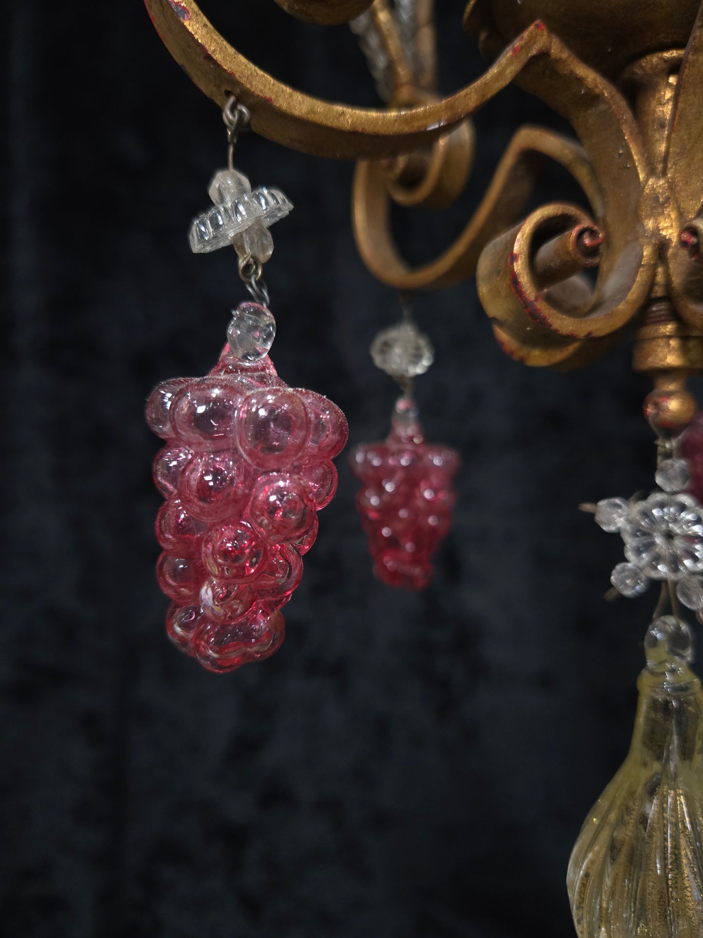 Fabulous Vintage Italian 3 Arm Caged Florentine Flower Crystal Chandelier Light