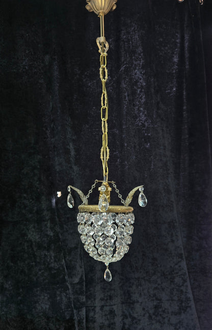 Petite Vintage French Crystal Half Bag Brass 1 Light Leaf Chandelier Light