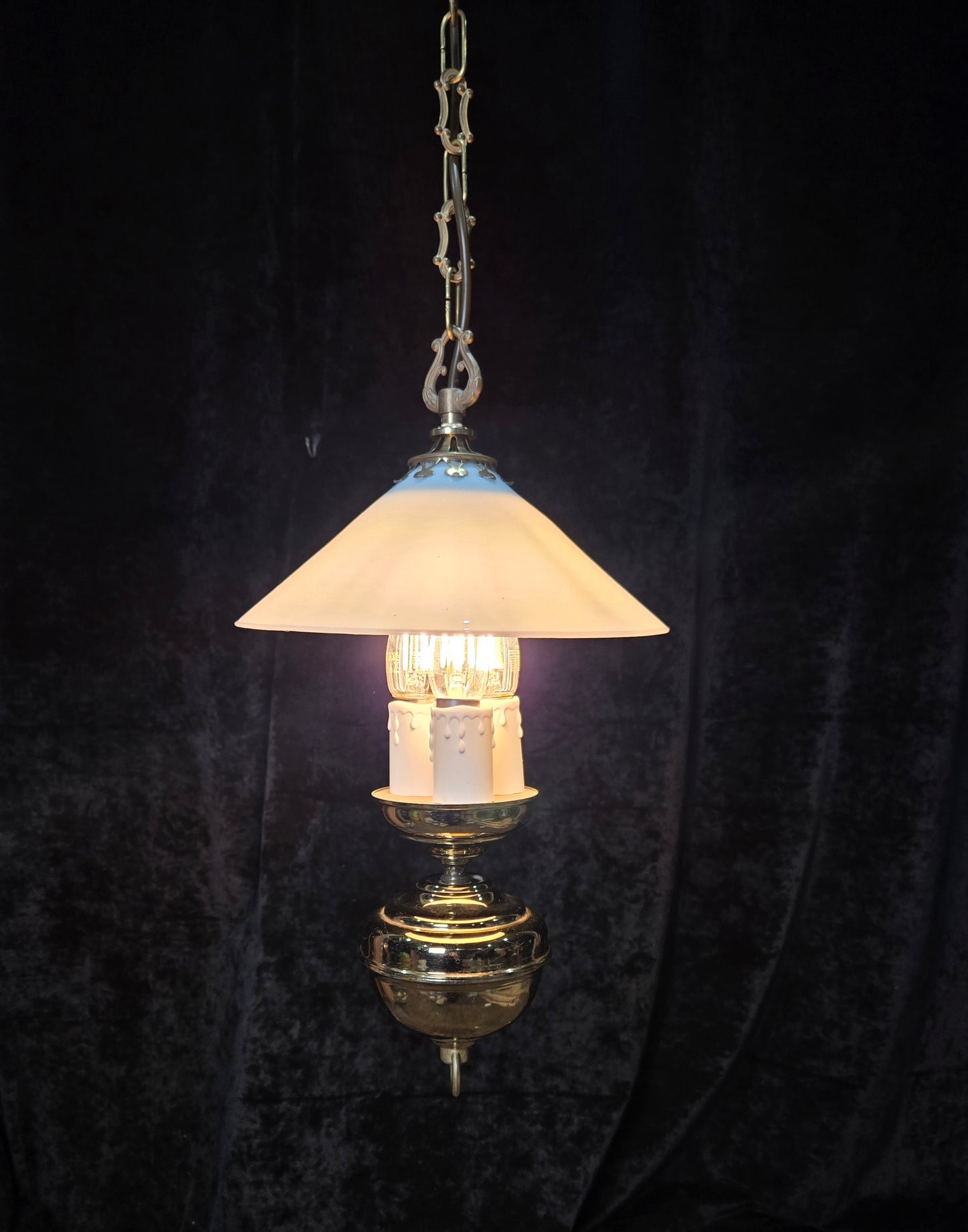 Unique Vintage Milk Glass Brass Bouillotte Oil Lamp Style 3 Light Chandelier