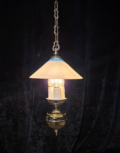 Unique Vintage Milk Glass Brass Bouillotte Oil Lamp Style 3 Light Chandelier