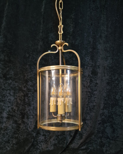 Classical Vintage French 3 Light Cylinder Glass Brass Lantern Ceiling Light