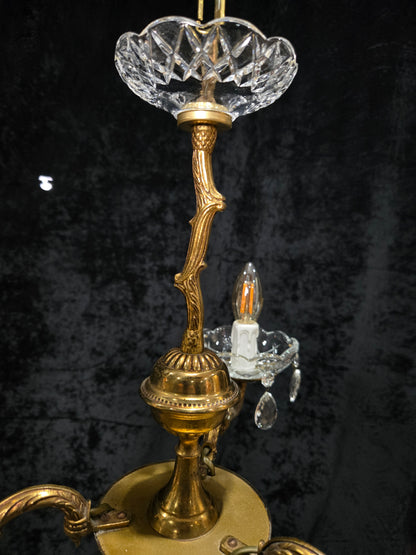Lovely Vintage French 3 Arm Brass Foliage Crystal Chandelier Ceiling Light