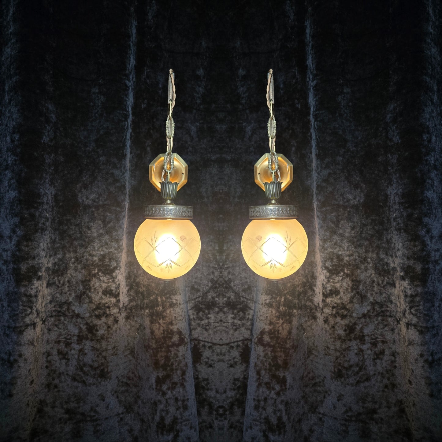 Unique Pair of Vintage Italian Brass Glass Lantern Wall Lights Sconces