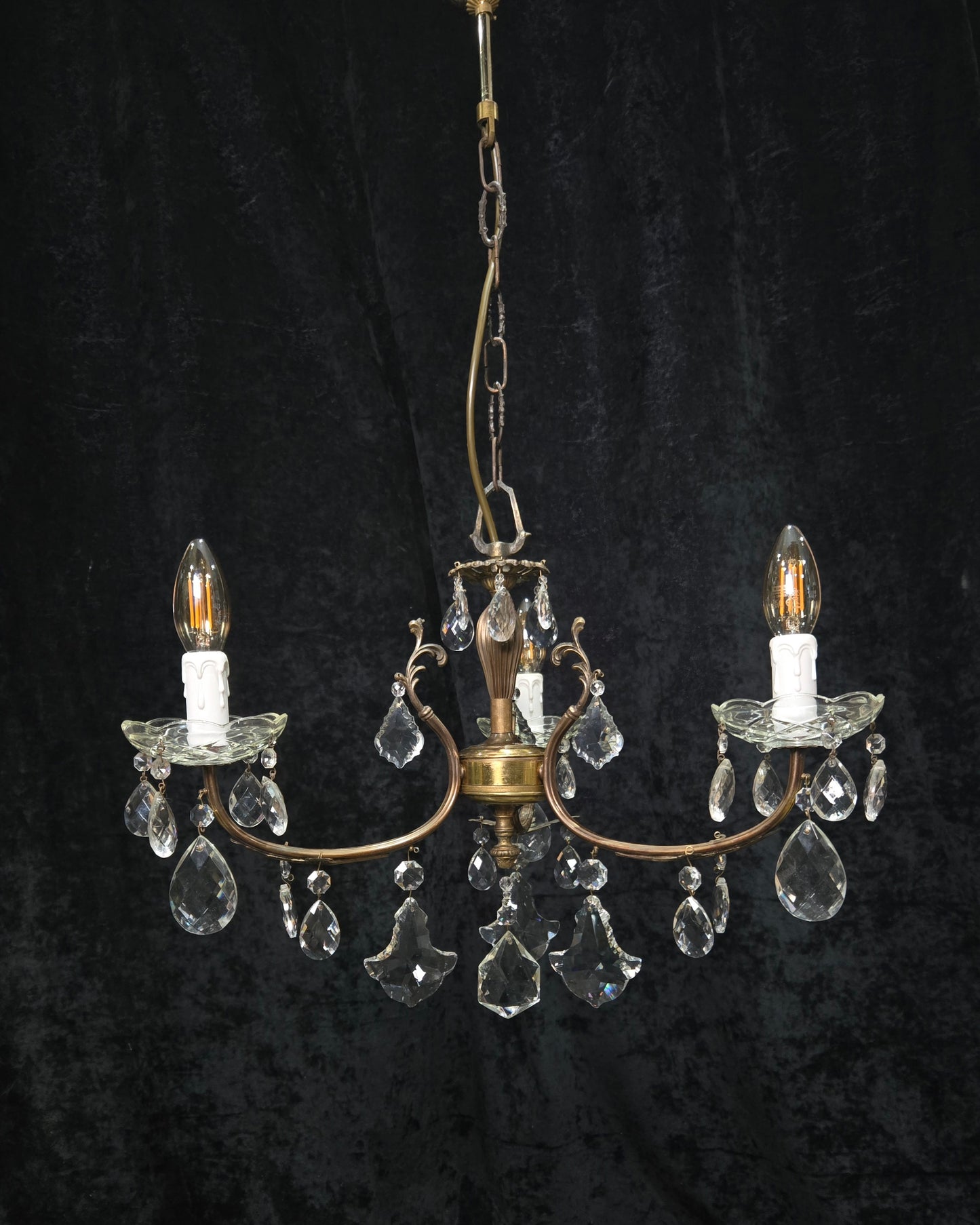 Lovely Vintage Italian 3 Arm Brass Foliage Crystal Chandelier Ceiling Light