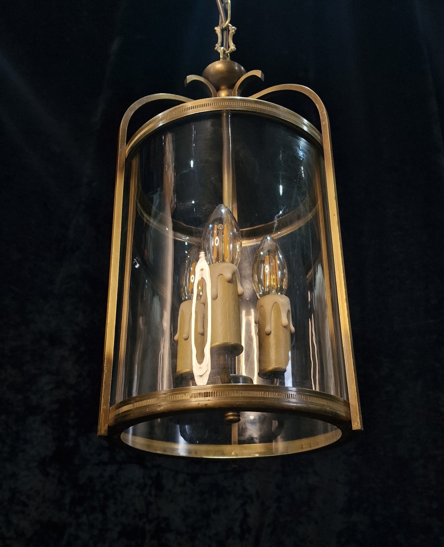 Classical Vintage French 3 Light Cylinder Glass Brass Lantern Ceiling Light