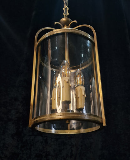Classical Vintage French 3 Light Cylinder Glass Brass Lantern Ceiling Light