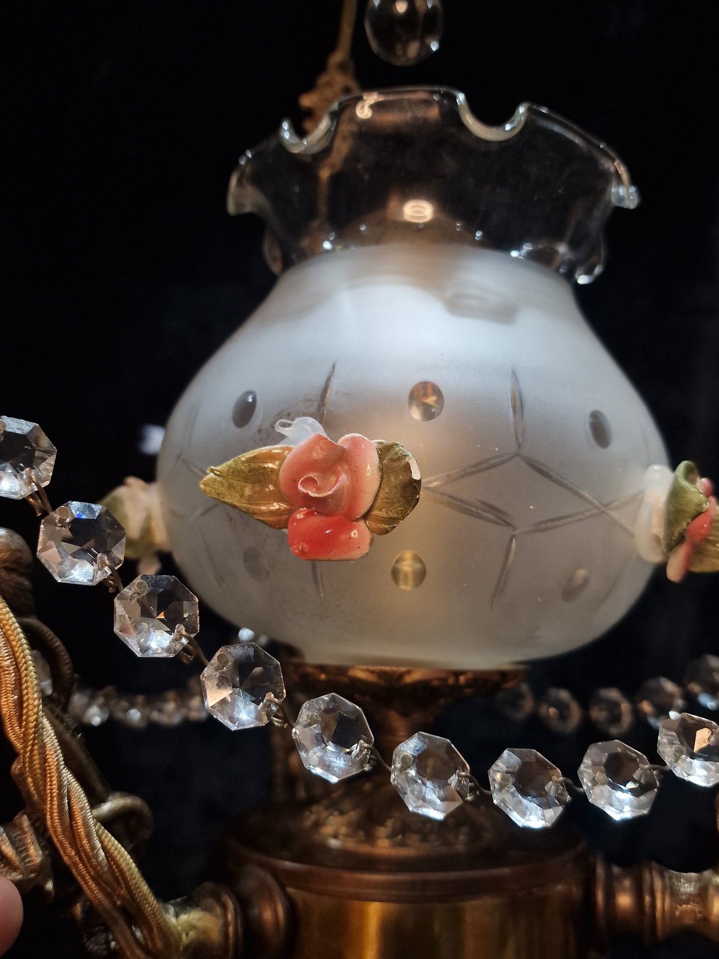 Beautiful Vintage Brass Italian Cherub Flower Caged Crystal Chandelier Light