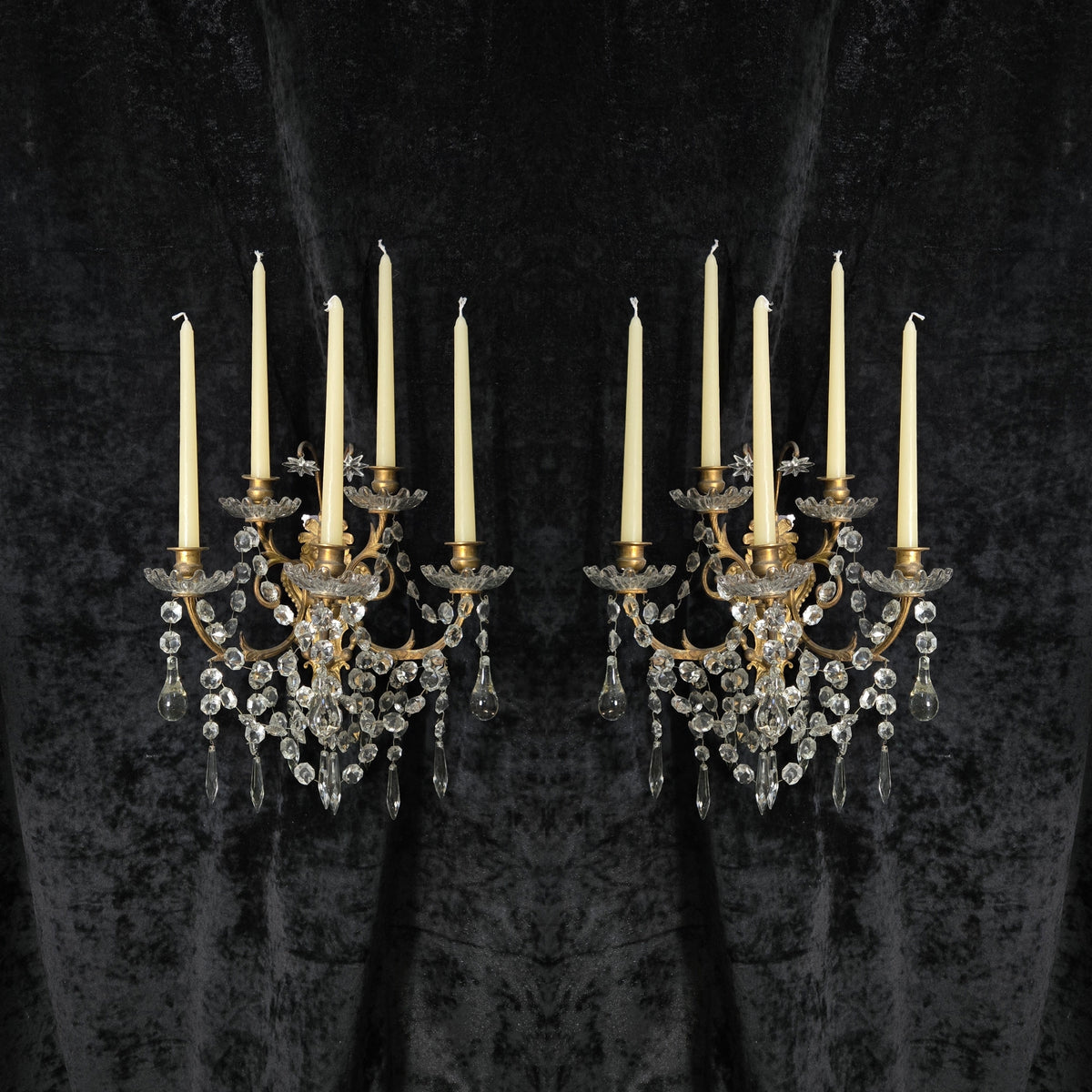 Rare Large Pair 1800s Antique Original Porteiux France Brass Candle Wall Lights