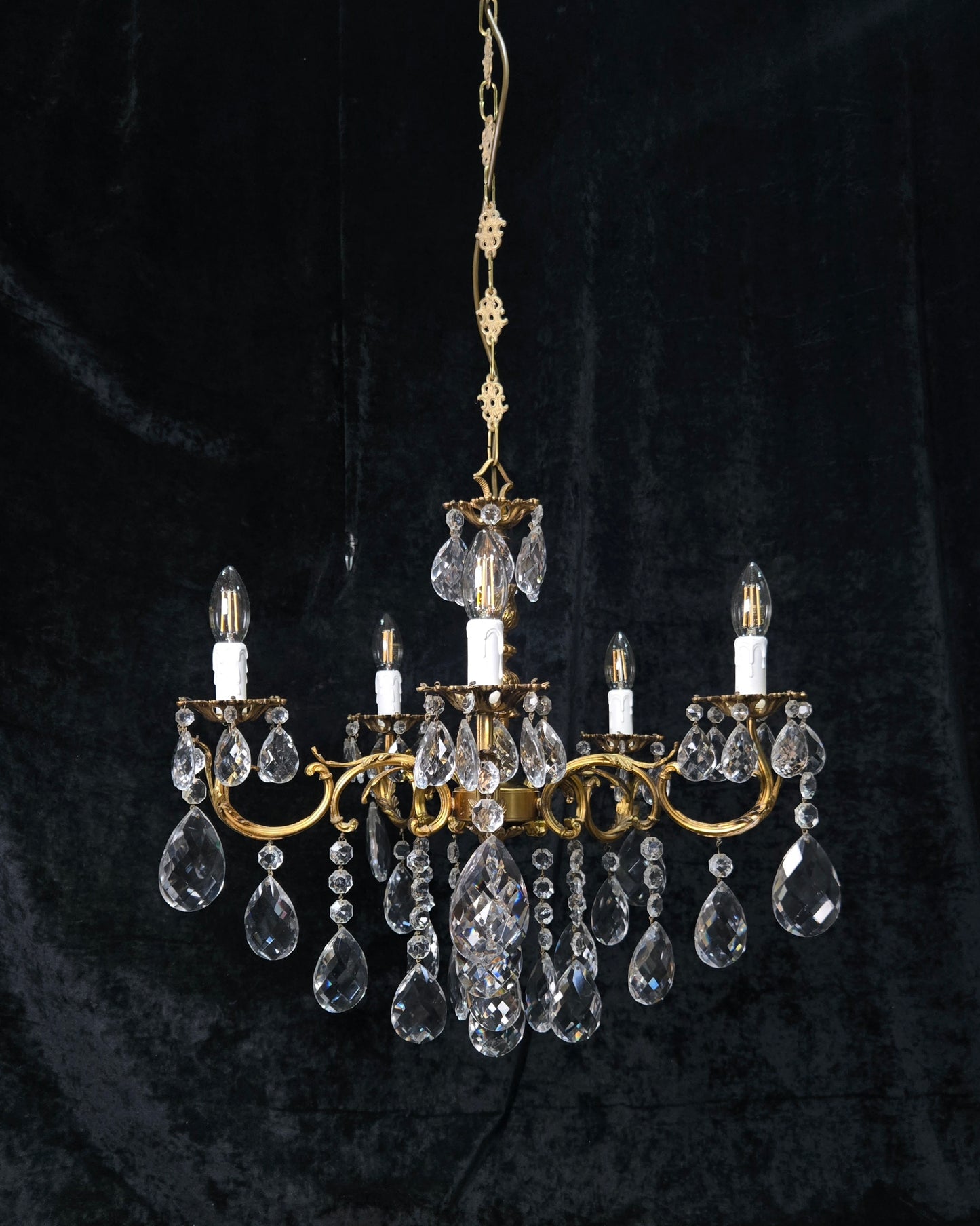 Fabulous Vintage French 5 Arm Brass Heavy Crystal Leaf Chandelier Ceiling Light