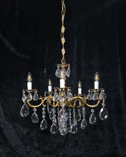 Fabulous Vintage French 5 Arm Brass Heavy Crystal Leaf Chandelier Ceiling Light