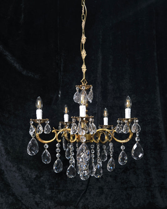 Fabulous Vintage French 5 Arm Brass Heavy Crystal Leaf Chandelier Ceiling Light