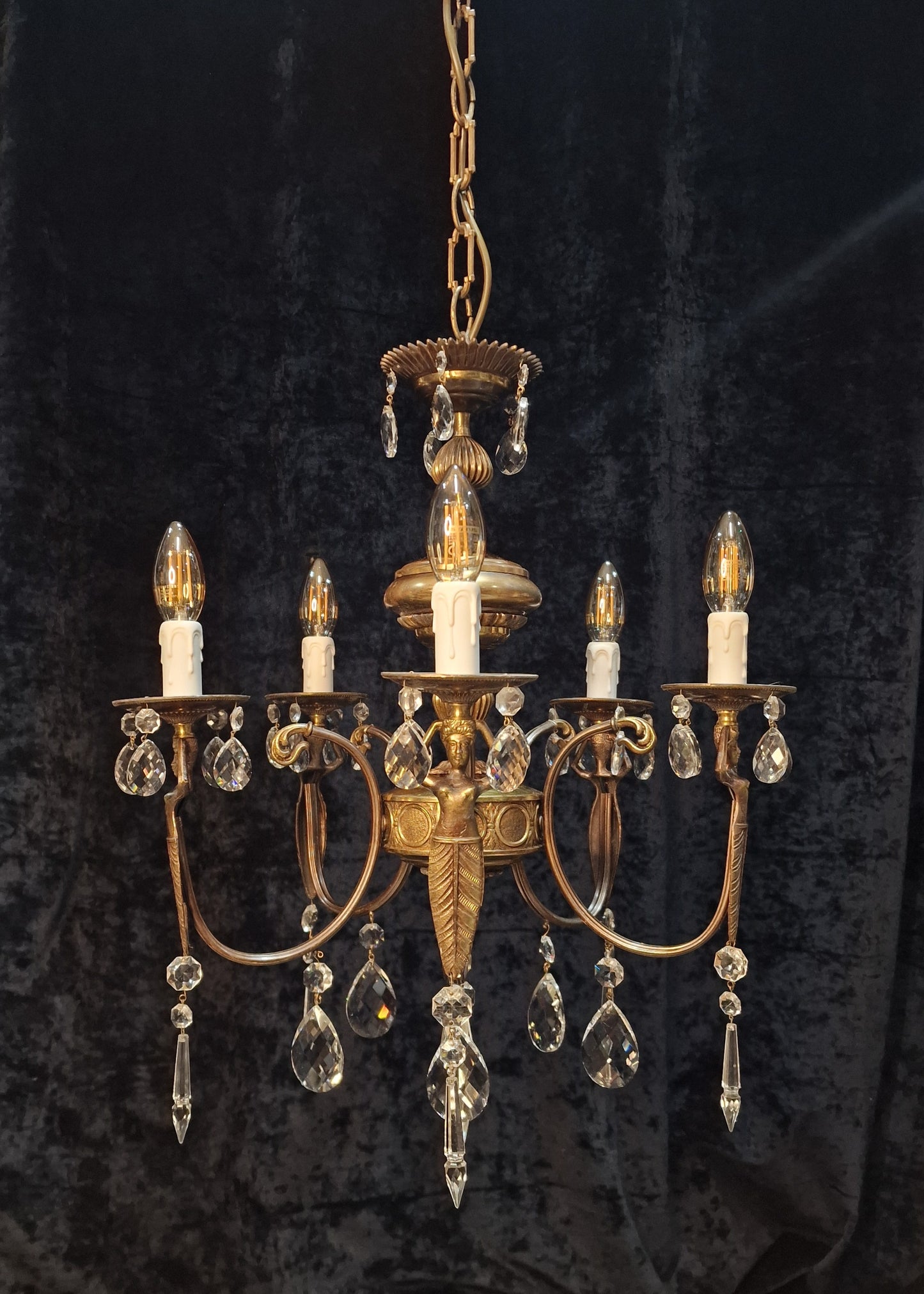 Unique Elegant Vintage Italian 5 Arm Brass and Crystal Mermaid Chandelier Light