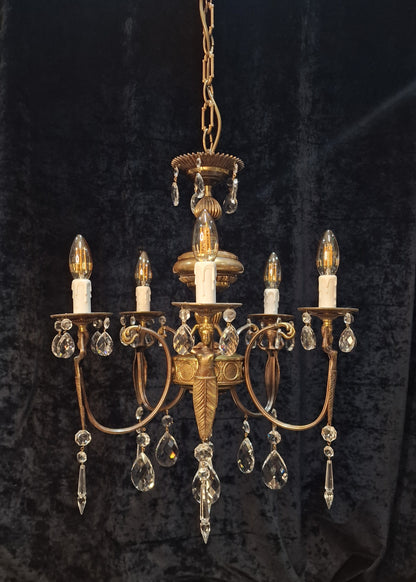Unique Elegant Vintage Italian 5 Arm Brass and Crystal Mermaid Chandelier Light