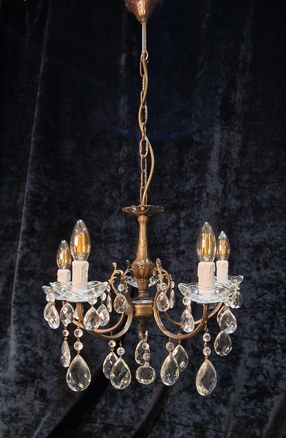 Lovely Elegant Vintage Italian 5 Arm Brass Crystal Chandelier Ceiling Light
