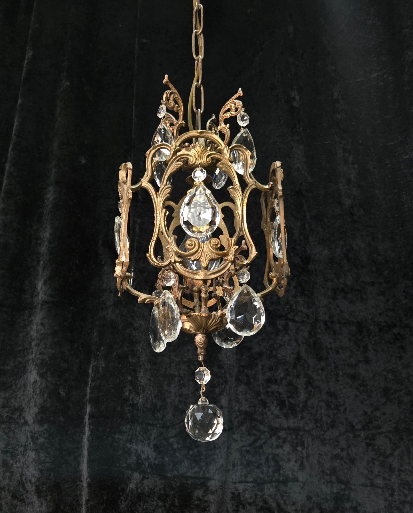 Beautiful Antique French 1 Light Brass Crystal Cage Chandelier Ceiling Light