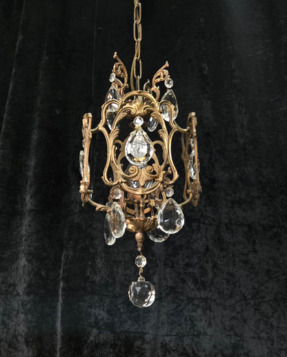 Beautiful Antique French 1 Light Brass Crystal Cage Chandelier Ceiling Light