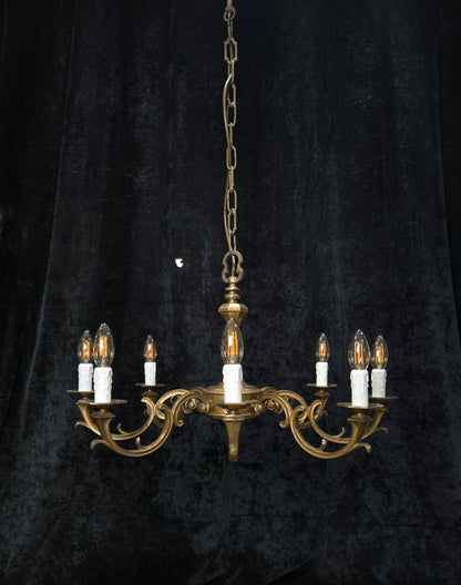 Traditional Heavy Vintage Dutch 8 Arm Brass Gothic Style Chandelier Light